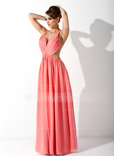 A-Line/Princess Halter Floor-Length Chiffon Prom Dress With Ruffle Beading (018020794)