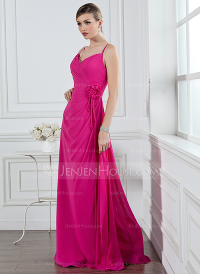 A-Line/Princess V-neck Floor-Length Chiffon Bridesmaid Dress With Ruffle Flower(s) (007004269)