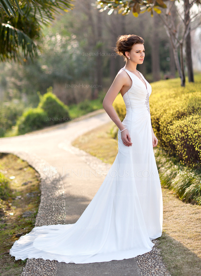 Sheath/Column V-neck Chapel Train Chiffon Wedding Dress With Ruffle Beadwork Sequins (002005012)