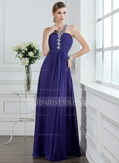 A-Line/Princess V-neck Floor-Length Chiffon Prom Dress With Ruffle Beading (018004956)