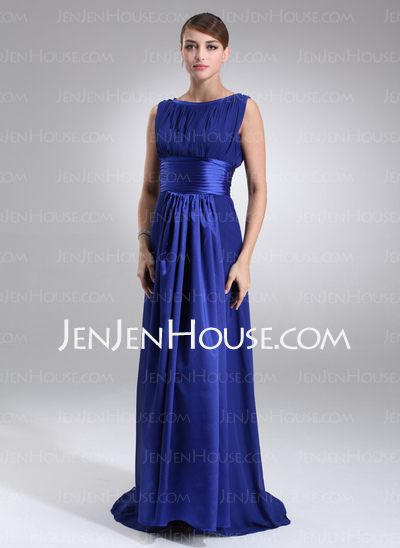 A-Line/Princess Scoop Neck Sweep Train Chiffon Charmeuse Evening Dress With Ruffle (017022545)