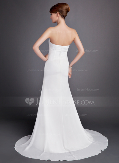 A-Line/Princess Strapless Court Train Chiffon Wedding Dress With Ruffle (002000566)