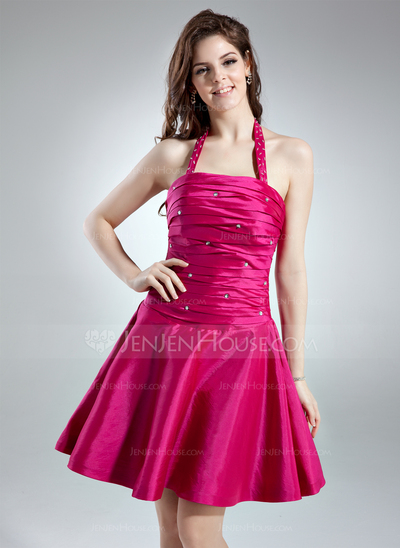 Vestidos princesa/ Formato A Frente única Curto/ Mini Tafetá Vestidos de boas vindas com Pregueado Bordado (022020623)