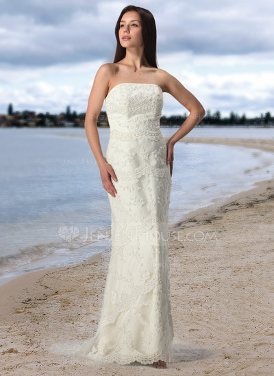 Sheath/Column Strapless Court Train Satin Tulle Wedding Dress With Lace (002005197)