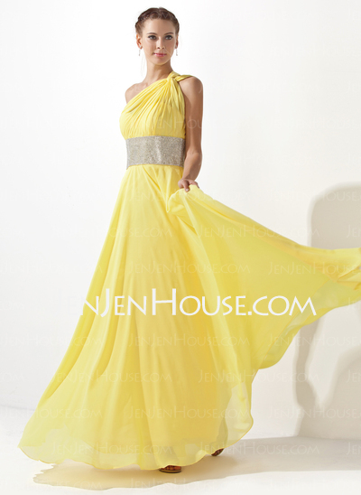 Impero Monospalla Al pavimento Chiffon Abiti feste con Increspature Perline (018020583)