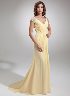 Vestidos princesa/ Formato A Decote V Cauda vassoura Chiffon Vestido de festa com Pregueado Beading (017020987)