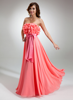 A-Line/Princess Strapless Floor-Length Chiffon Charmeuse Prom Dress With Sash (018016365)