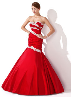 Corte sirena Escote corazón Hasta el suelo Tafetán Vestido de baile de promoción con Volantes Apliques Lentejuelas (018004955)