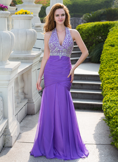 Mermaid Halter Floor-Length Chiffon Prom Dress With Ruffle Beading (018024655)