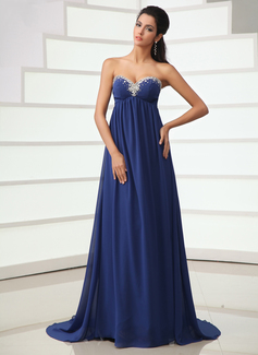 Empire-Linie Herzausschnitt Hof-Schleppe Chiffon Abendkleid mit Rüschen Perlen verziert (017022716)