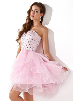 A-Line/Princess Sweetheart Short/Mini Organza  Satin Prom Dresses With Beading (018005581)