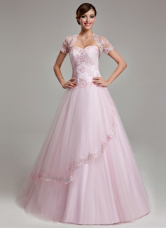 Duchesse-Linie Herzausschnitt Bodenlang Satin Tüll Quinceañera Kleid (Kleid für die Geburtstagsfeier) mit Rüschen Spitze Perlen verziert (021003140)