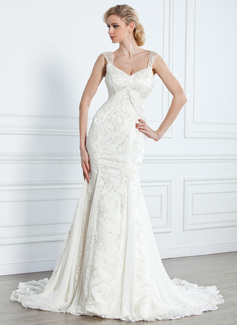 Mermaid V-neck Watteau Train Chiffon Lace Wedding Dress With Beadwork (002005314)