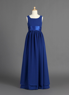 A-Line/Princess Scoop Neck Floor-Length Chiffon Charmeuse Flower Girl Dress With Ruffle Sash (010007386)