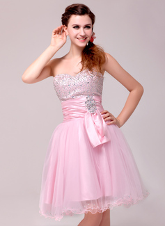 Vestidos princesa/ Formato A Coração Na altura do joelho Tule Charmeuse Vestido de cocktail com Pregueado Bordado Lantejoulas (016014034)