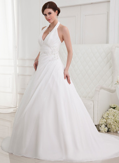 A-Line/Princess Halter Court Train Chiffon Wedding Dress With Ruffle Lace Beadwork (002012787)