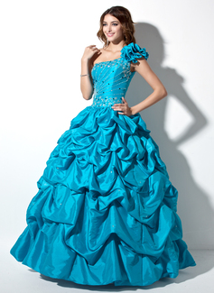 Ball-Gown One-Shoulder Floor-Length Taffeta Quinceanera Dress With Ruffle Beading (021004653)