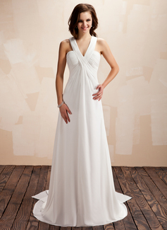 Empire-Linie V-Ausschnitt Watteau Schleppe Chiffon Brautkleid mit Rüschen (002012664)