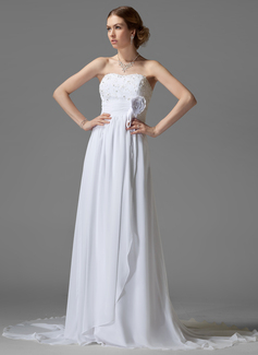Empire-Linie Herzausschnitt Hof-Schleppe Chiffon Brautkleid mit Rüschen Spitzen Perlen verziert Blumen (002004001)