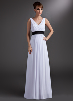 A-Line/Princess V-neck Floor-Length Chiffon Bridesmaid Dress With Sash (007001859)