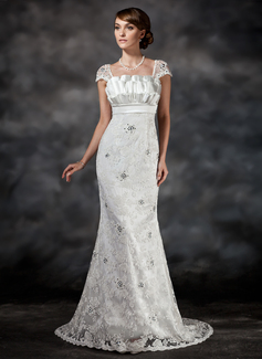Stile sirena Scollatura smerlata Sweep treno Charmeuse Pizzo Abito per matrimonio con Increspature Perline Paillettes (002022561)