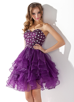A-Line/Princess Sweetheart Knee-Length Organza Charmeuse Cocktail Dress With Beading (016013753)
