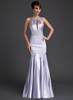 Mermaid Scoop Neck Sweep Train Charmeuse Evening Dress With Ruffle Beading Sequins (017002265)