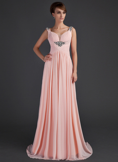 A-Line/Princess Scoop Neck Sweep Train Chiffon Mother of the Bride Dress With Ruffle Beading (008015645)