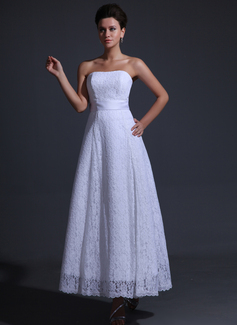 A-Line/Princess Sweetheart Ankle-Length Charmeuse Lace Bridesmaid Dress With Sash (007017311)