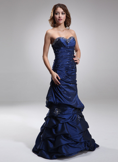 Corte sirena Escote corazón Hasta el suelo Tafetán Vestidos de baile de promoción con Volantes Bordoneado (018004995)