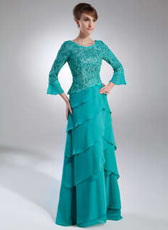 A-Line/Princess Scoop Neck Sweep Train Chiffon Lace Mother of the Bride Dress (008006159)