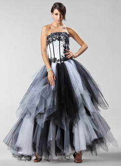 Ball-Gown Strapless Floor-Length Satin Tulle Quinceanera Dress With Lace (021022475)