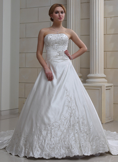 Ball-Gown Sweetheart Cathedral Train Satin Wedding Dress With Embroidery Beadwork (002004478)