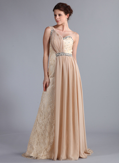 A-Line/Princess One-Shoulder Watteau Train Chiffon Lace Evening Dress With Ruffle Beading (017025336)