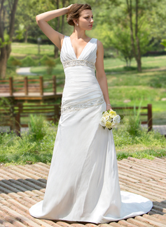 A-Line/Princess V-neck Court Train Taffeta Wedding Dress With Ruffle Beadwork Sequins (002001407)