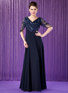 A-Line/Princess V-neck Floor-Length Chiffon Tulle Mother of the Bride Dress With Ruffle Beading Sequins (008018715)