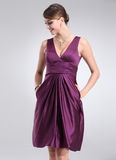 A-Line/Princess V-neck Knee-Length Satin Bridesmaid Dress With Ruffle (007004302)