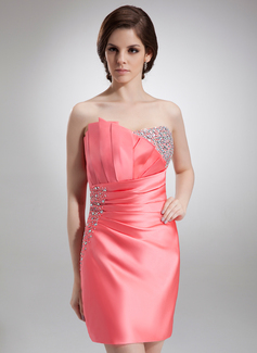 Sheath Scalloped Neck Short/Mini Satin Cocktail Dress With Ruffle Beading (016005604)