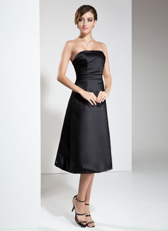 A-Line/Princess Strapless Knee-Length Satin Little Black Dress With Ruffle (043004245)