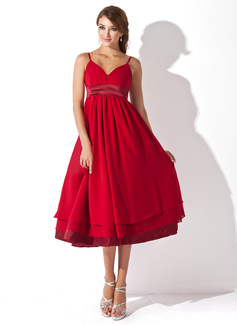 Empire Sweetheart Tea-Length Chiffon Charmeuse Maternity Bridesmaid Dress With Ruffle (045004378)