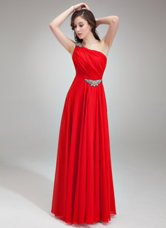 Vestidos princesa/ Formato A Um ombro Vestidos longo Chiffon Vestido de festa com Pregueado Bordado (017018785)