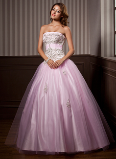 De baile Sem alça Vestidos longo cetim Tule Vestido quinceanera com Pregueado Bordado Lantejoulas (021004579)