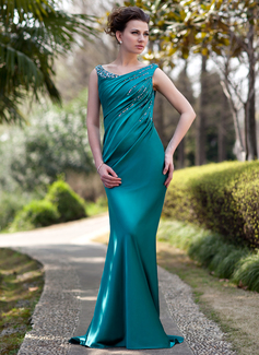 Sheath Off-the-Shoulder Sweep Train Charmeuse Mother of the Bride Dress With Ruffle Beading Sequins (008022934)