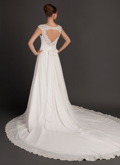 A-Line/Principessa Scollatura quadrato Coda a strascico cattedrale Chiffon Abito per matrimonio con Increspature pizzi Perline Fiori (002015564)