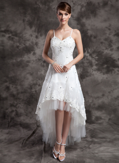 A-Line/Principessa Scollatura a V Asimmetrico Organza Tulle Abito per matrimonio con Pizzo Perline (002024067)