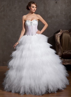 Ball-Gown Sweetheart Floor-Length Tulle Wedding Dress With Ruffle Beadwork (002014850)