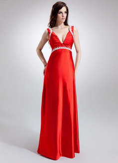 A-Line/Princess V-neck Sweep Train Charmeuse Maternity Bridesmaid Dresses With Embroidered Ruffle Beading (045022465)