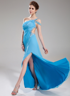 A-Line/Princess One-Shoulder Sweep Train Chiffon Prom Dress With Ruffle Beading (018018823)