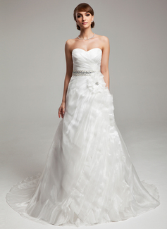 A-Line/Princess Sweetheart Court Train Organza Wedding Dress With Ruffle Beadwork Flower(s) (002017543)
