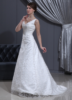 A-Line/Princess V-neck Sweep Train Satin Lace Wedding Dress With Beadwork (002012800)